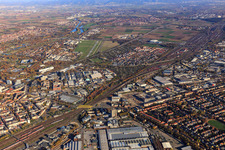 Technical University Mannheim on Speyerer Straße and the railway line and John Deere GmbH & Co KG in the district Almenhof in Mannheim in the state Baden-Wuerttemberg, Germany