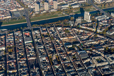 Aerial view of City center in the downtown area on the banks of river course of the river Neckar in the district Quadrate in Mannheim in the state Baden-Wurttemberg, Germany