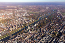 Aerial view of Neckar bridges in the district Oststadt in Mannheim in the state Baden-Wuerttemberg, Germany