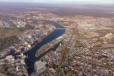Aerial view of Friesenheimer Insel industrial port in the district Neckarstadt-West in Mannheim in the state Baden-Wuerttemberg, Germany