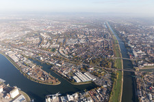 Aerial view of District Neckarstadt-West in Mannheim in the state Baden-Wuerttemberg, Germany