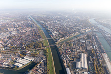 Aerial view of Jungbusch Bridge in the district Neckarstadt-West in Mannheim in the state Baden-Wuerttemberg, Germany