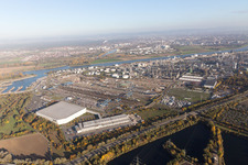 Oblique view of North in the district BASF in Ludwigshafen am Rhein in the state Rhineland-Palatinate, Germany