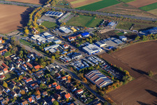 Im Weichlingsgarten commercial area towards the A65 with TV Hochdorf sports center and Manz Pfälzer Holz-Manufaktur eK in the district Assenheim in Hochdorf-Assenheim in the state Rhineland-Palatinate, Germany