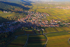 Wine-growing village on the edge of the Haardt in autumn colours from the south in the district SaintMartin in Sankt Martin in the state Rhineland-Palatinate, Germany