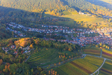 Kropsburg Castle in autumn colours from the south in the district SaintMartin in Sankt Martin in the state Rhineland-Palatinate, Germany