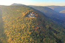 Aerial view of Rietburg Castle Ruins in Herbswald in Venningen in the state Rhineland-Palatinate, Germany