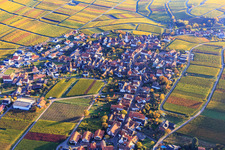 Wine-growing village on the edge of the Haardt in autumn colours from the north in Weyher in der Pfalz in the state Rhineland-Palatinate, Germany