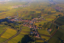 Wine-growing village on the edge of the Haardt in autumn colours from the south in Burrweiler in the state Rhineland-Palatinate, Germany