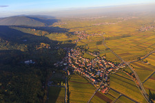 Aerial view of Wine-growing village on the edge of the Haardt in autumn colours from the south in Gleisweiler in the state Rhineland-Palatinate, Germany