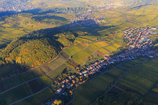 Aerial photograpy of Autumn light colorful vines of the vineyards on the southern slope of the Haardtrand in Ranschbach in the state Rhineland-Palatinate, Germany