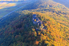 Aerial view of Madenburg castle ruins in the autumn forest at evening light in Eschbach in the state Rhineland-Palatinate, Germany
