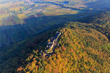 Oblique view of Madenburg castle ruins in the autumn forest at evening light in Eschbach in the state Rhineland-Palatinate, Germany