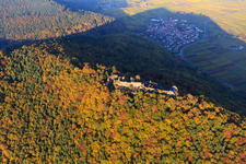 Bird's eye view of Madenburg castle ruins in the autumn forest at evening light in Eschbach in the state Rhineland-Palatinate, Germany