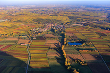 View of the village behind the nature reserve Biotopweiher Alte Tongrube in Göcklingen in the state Rhineland-Palatinate, Germany