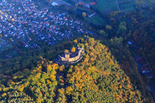 Aerial photograpy of Castle ruins of Landeck Castle in the autumn forest at evening light in Klingenmünster in the state Rhineland-Palatinate, Germany