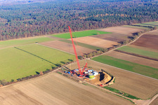 Aerial photograpy of Construction site wind turbine foundation with crane in Hatzenbühl in the state Rhineland-Palatinate, Germany
