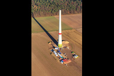 Aerial photograpy of Wind turbine mast construction site in Hatzenbühl in the state Rhineland-Palatinate, Germany