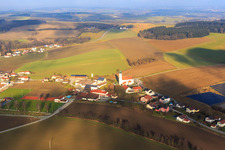 Aerial view of Parish Church of the Assumption of Mary in the district Schmidham in Ruhstorf an der Rott in the state Bavaria, Germany