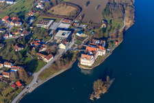 Bird's eye view of Castle Neuhaus am Inn with secondary school Maria Ward Neuhaus on an island in the Inn in Neuhaus am Inn in the state Bavaria, Germany