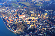 Aerial view of Village on the banks of the Inn - river course in Schaerding in Oberoesterreich, Austria