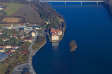 Castle Neuhaus am Inn with secondary school Maria Ward Neuhaus on an island in the Inn in Neuhaus am Inn in the state Bavaria, Germany viewn from the air