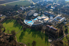 Aerial view of Europa Therme Bad Füssing on Kurallee with Klinik Niederbayern on Paracelsusstraße and Thermenhotel Tannenhof 1 in Bad Füssing in the state Bavaria, Germany