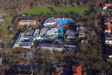 Aerial photograpy of Spa park at the Europa Therme Bad Füssing on the Kurallee with Klinik Niederbayern on the Paracelsusstraße and Thermenhotel Tannenhof from the southwest 1 in Bad Füssing in the state Bavaria, Germany