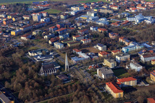 Aerial view of Modern architecture of the parish church of the Holy Spirit in Rathausstraße in Bad Füssing in the state Bavaria, Germany