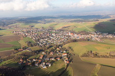 Village - view on the edge of agricultural fields and farmland in Koesslarn in the state Bavaria, Germany