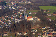 Aerial view of Bergstrasse and Gartlbergstrasse to the Gartlberg pilgrimage church at the cemetery Pfarrkirchen in Pfarrkirchen in the state Bavaria, Germany