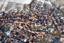 Aerial photograpy of Winter snow-covered village view in Göcklingen in the state Rhineland-Palatinate, Germany