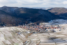 View of a winegrowing village in winter with snow from the east in Eschbach in the state Rhineland-Palatinate, Germany