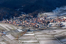 Aerial view of View of a winegrowing village in winter with snow from the east in Eschbach in the state Rhineland-Palatinate, Germany