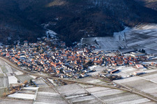 Aerial photograpy of View of a winegrowing village in winter with snow from the east in Eschbach in the state Rhineland-Palatinate, Germany