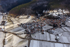 Aerial view of View of a winegrowing village on the edge of the Haardt in winter between snow-covered vineyards from the east in Gleisweiler in the state Rhineland-Palatinate, Germany
