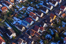Aerial view of New single-family home in Waldstraße in winter with snow in Kandel in the state Rhineland-Palatinate, Germany