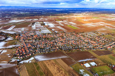 Village overview in winter with little snow from the south in Minfeld in the state Rhineland-Palatinate, Germany