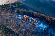 Aerial view of Ruins of the medieval Höhnburg Wegelnburg in Schönau in the state Rhineland-Palatinate, Germany