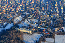 City overview in winter with little snow from the west with spa park Bad Bergzabern at the Edith Stein Clinic in Bad Bergzabern in the state Rhineland-Palatinate, Germany