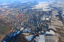 Aerial photograpy of City overview in winter with little snow from the west with spa park Bad Bergzabern at the Edith Stein Clinic in Bad Bergzabern in the state Rhineland-Palatinate, Germany