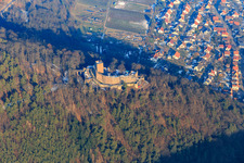 Aerial view of Landeck Castle in winter with little snow in Klingenmünster in the state Rhineland-Palatinate, Germany