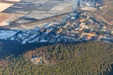 Aerial view of Ruin of Waldschlössel above the Landeck State Hospital in winter with little snow in Klingenmünster in the state Rhineland-Palatinate, Germany