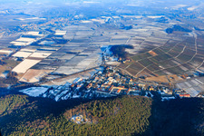 Oblique view of Ruin of Waldschlössel above the Landeck State Hospital in winter with little snow in Klingenmünster in the state Rhineland-Palatinate, Germany