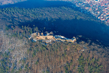 Aerial view of Madenburg castle ruins in winter from the south in Eschbach in the state Rhineland-Palatinate, Germany