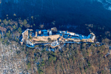 Oblique view of Madenburg castle ruins in winter from the south in Eschbach in the state Rhineland-Palatinate, Germany