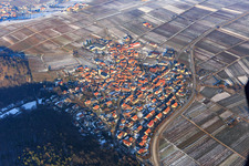 Aerial view of Village overview on the edge of the Haardt in winter with little snow from the south in Eschbach in the state Rhineland-Palatinate, Germany