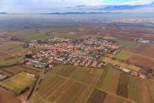 Village overview during inversion in winter from the southeast in Impflingen in the state Rhineland-Palatinate, Germany