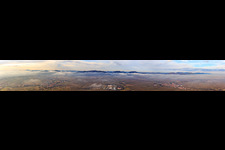 Panorama of the Haardt from Göcklingen to Landau in winter with low clouds in Göcklingen in the state Rhineland-Palatinate, Germany