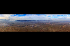 Aerial view of Panorama of the Haardt from Göcklingen to Landau in winter with low clouds in Ilbesheim bei Landau in the state Rhineland-Palatinate, Germany